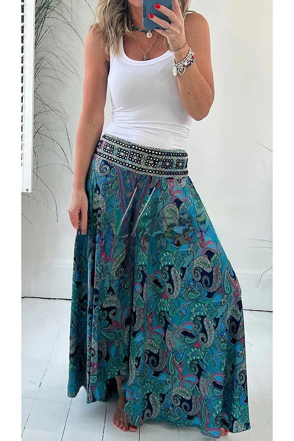 Pantalones ligeros con bolsillo y cintura elástica con estampado étnico de cachemira