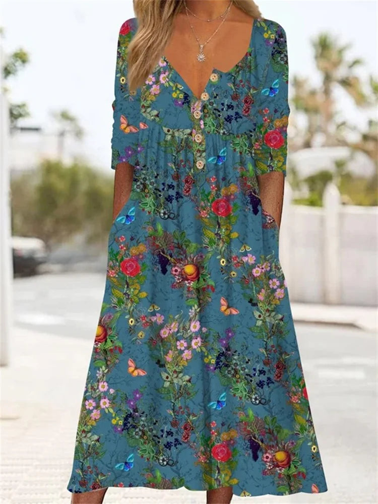 Vestido largo plisado con botón y diseño floral de mariposas