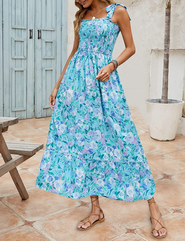 Casandra - Vestidos Sueltos de Tirantes Estampados Bohemios Largos de Verano para Mujer