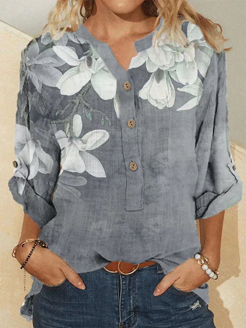 Camisa de cuello alto de algodón con bordado floral para mujer