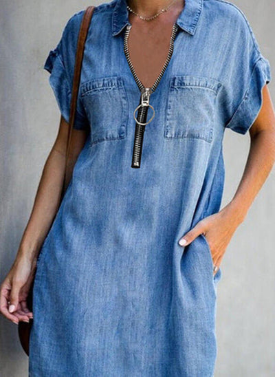 Chloe - Vestido Denim Slim Fit Con Cremallera Y Cuello Vestidos