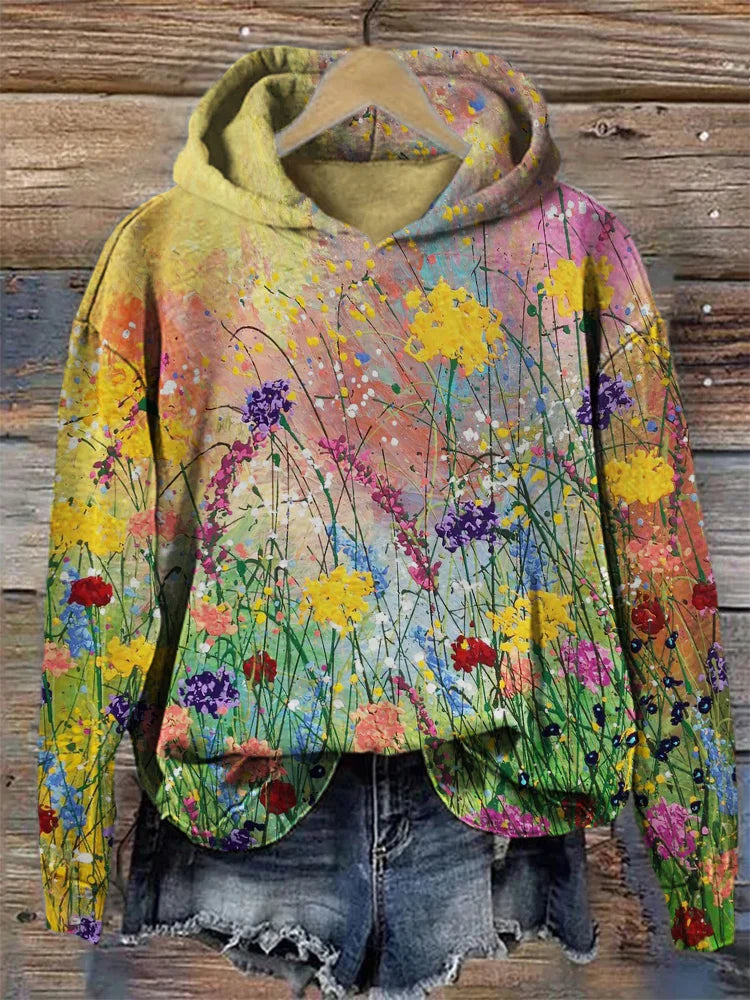 Flores pintura al óleo arte acogedora sudadera con capucha