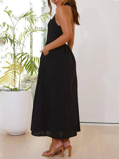 Amalie - Vestido negro pequeño con cuello halter y cintura entallada a media pierna