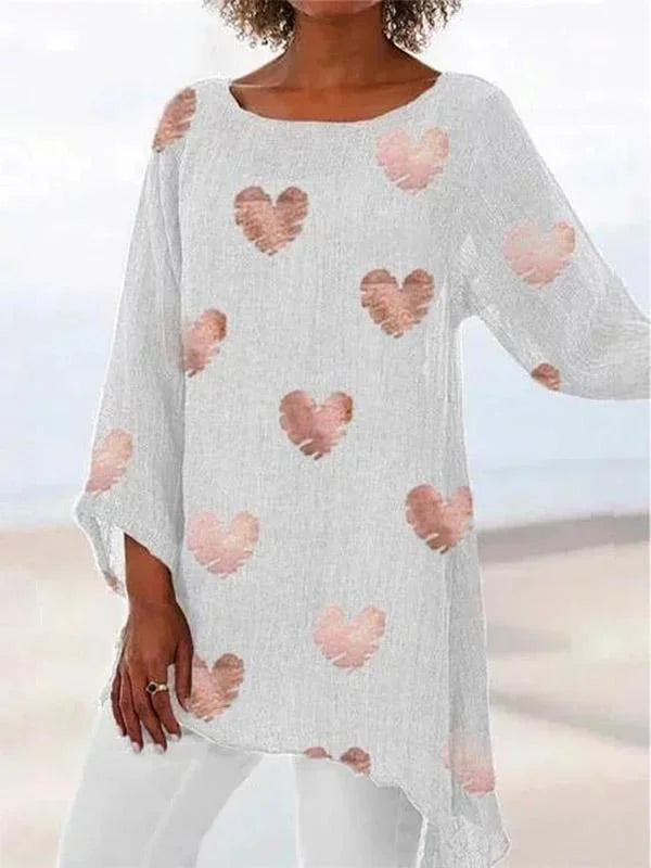 Colette - Camiseta de mujer de algodón y lino con estampado de corazones y cuello redondo