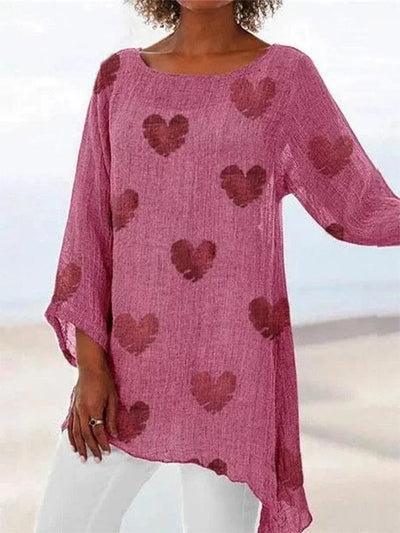 Colette - Camiseta de mujer de algodón y lino con estampado de corazones y cuello redondo