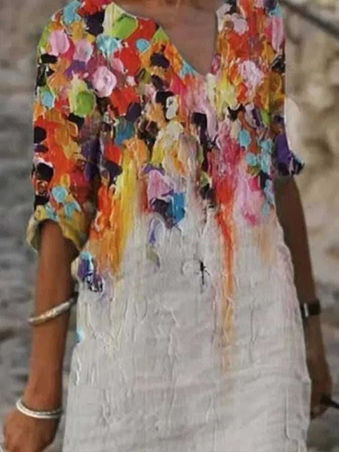 Frida - Vestido de mujer de lino de algodón con escote y estampado de pintura al óleo