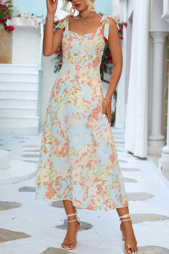 Berta - Vestido midi palabra de honor con tirantes y estampado floral