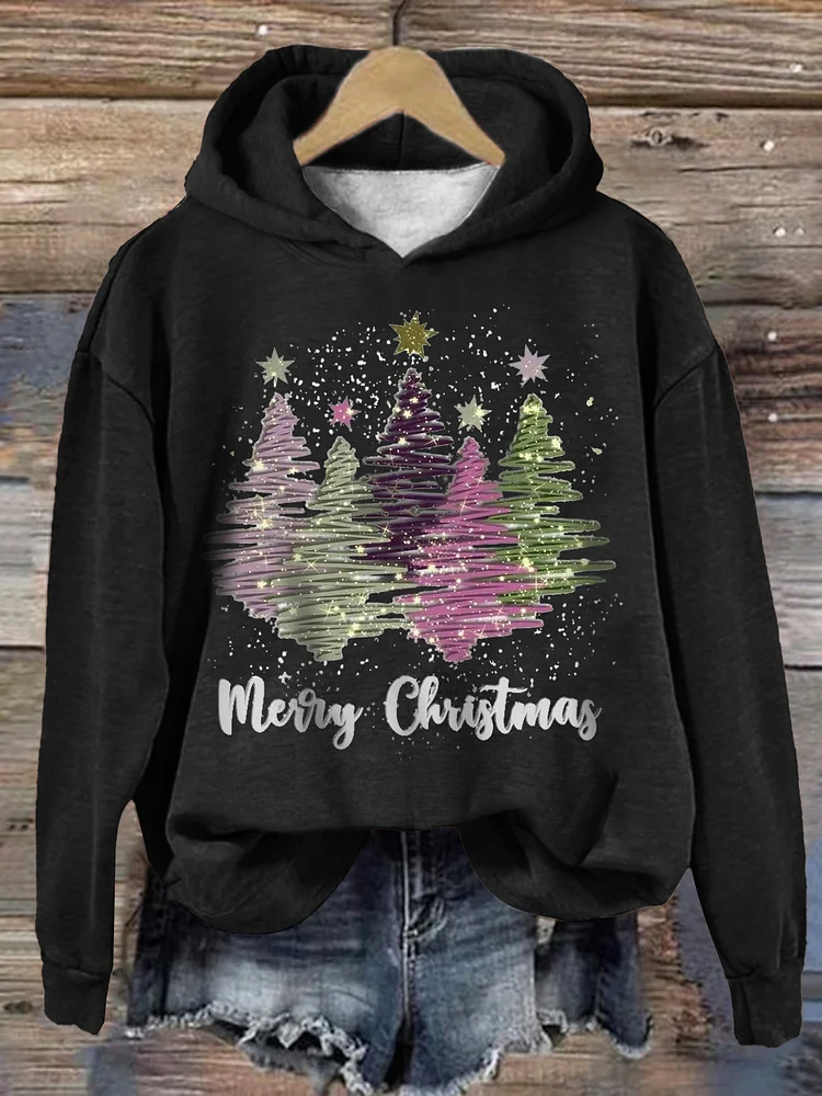 Sudadera con capucha y estampado de árbol brillante de Feliz Navidad para mujer