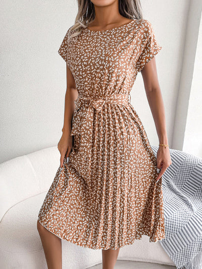 Angela - Vestido midi de escote redondo con estampado floral y cinturón en la cintura