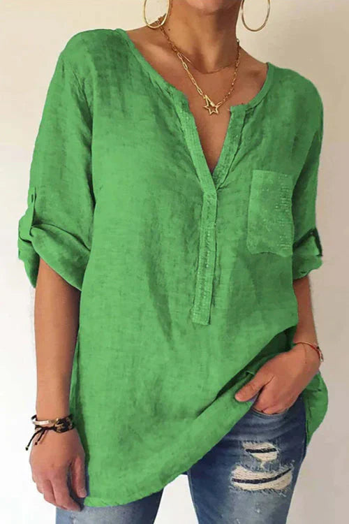 Shannon - Blusa con Cuello en V y Bolsillos de Lentejuelas