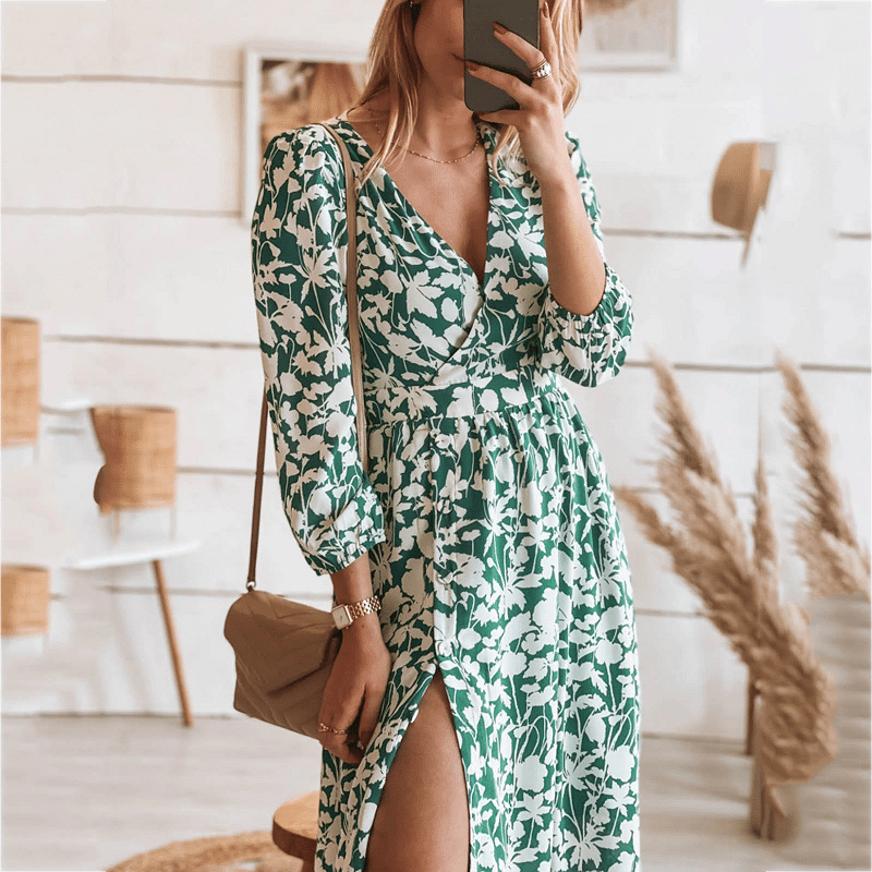 Ruth - Elegante vestido bohemio verde con estampado floral blanco