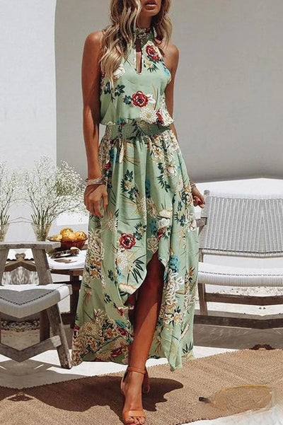 Berta - Vestido Verde Con Estampado Floral Y Cuello Redondo De Moda