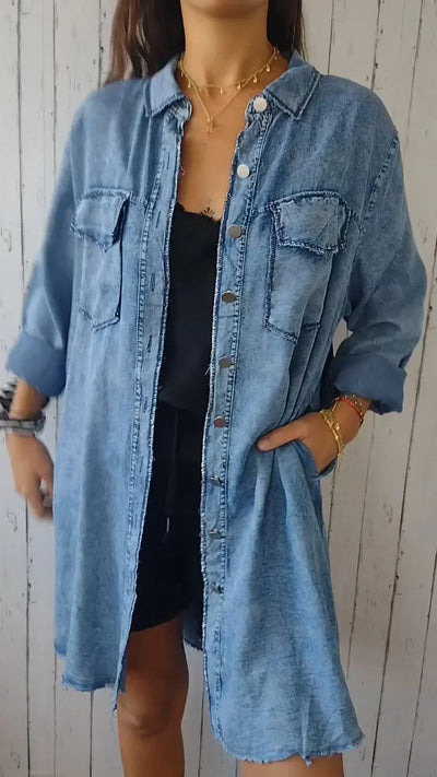 Lola - Faux Denim Cómodo Abrigo Largo Camisa