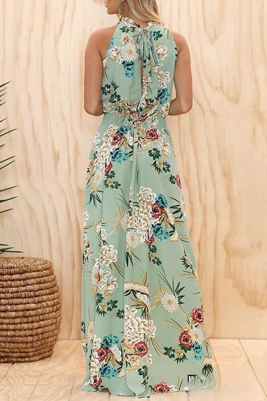 Berta - Vestido Verde Con Estampado Floral Y Cuello Redondo De Moda