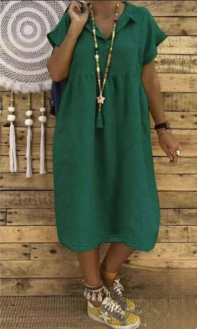 Laia - Vestido midi de manga corta de algodón y lino, tallas grandes para mujer