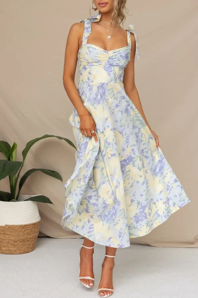 Berta - Vestido midi palabra de honor con tirantes y estampado floral