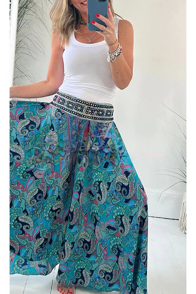 Pantalones ligeros con bolsillo y cintura elástica con estampado étnico de cachemira