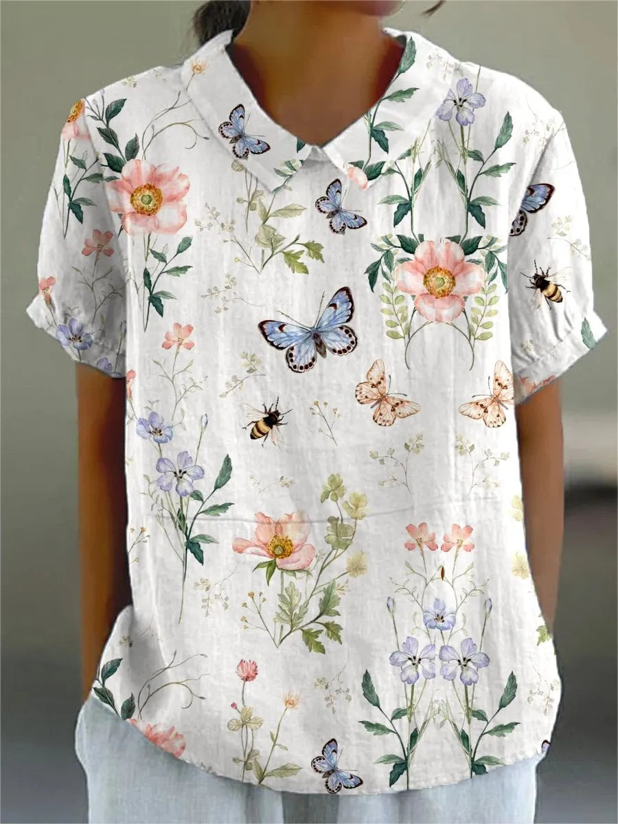 Lola - Camisa informal de algodón y lino con estampado floral para mujer