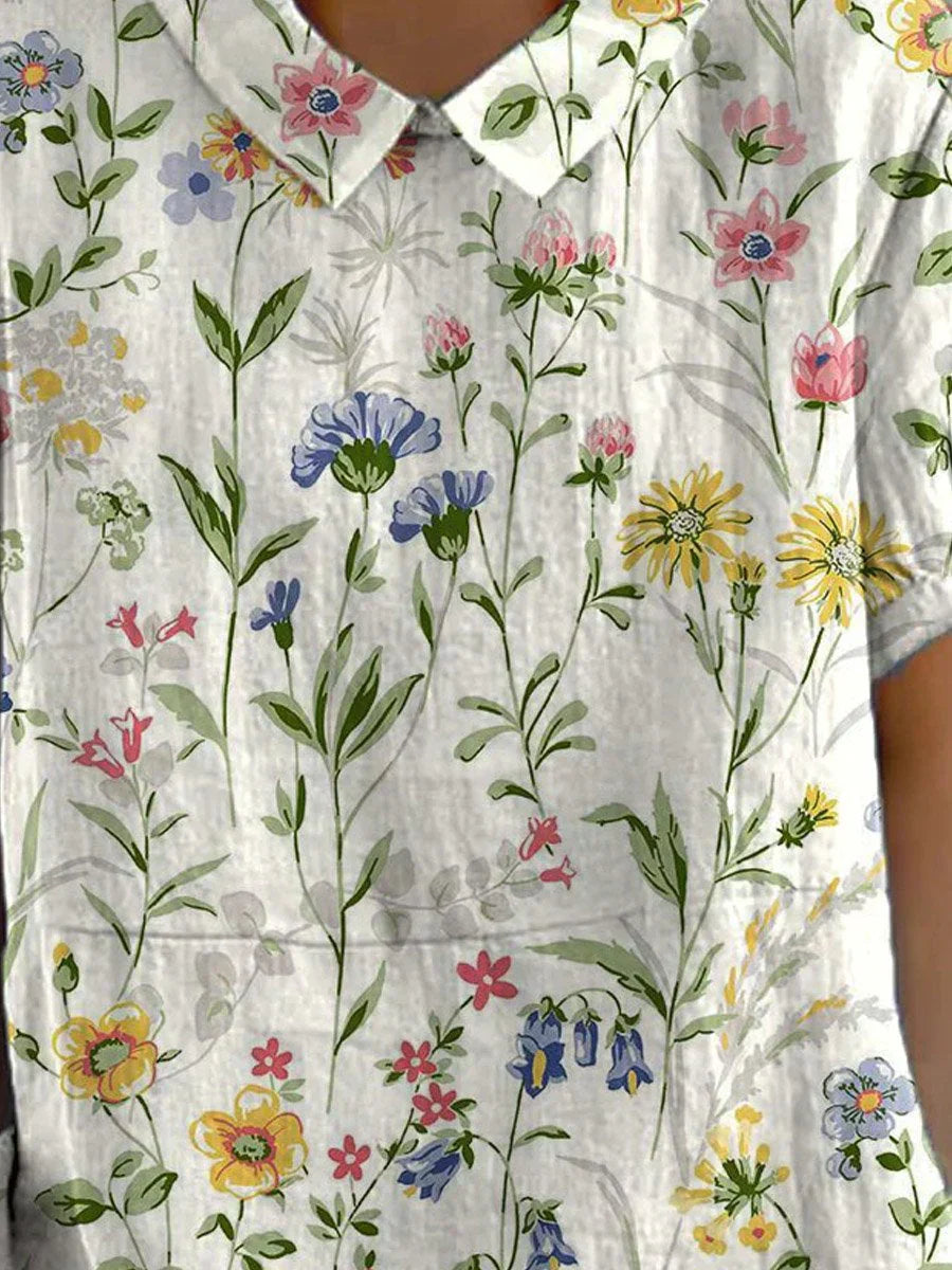 Camila - Camisa casual de mujer de algodón y lino con estampado floral retro