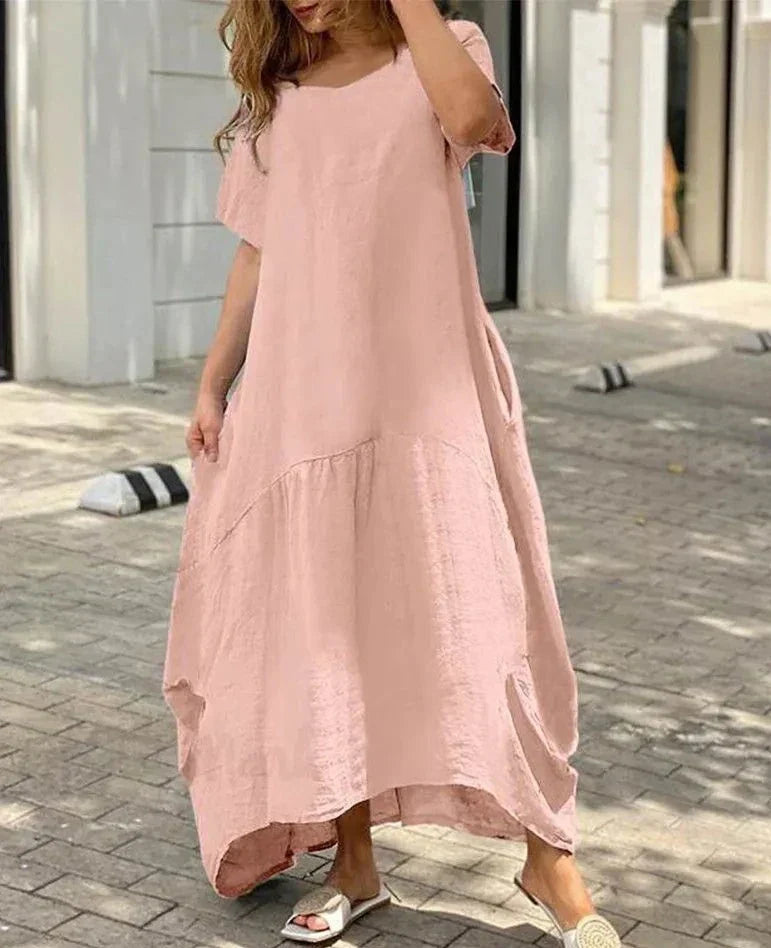 Mila - Maxivestido acampanado de manga corta y cuello en V para mujer